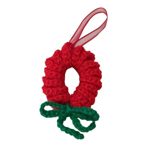 Set of 3 Crochet Wreath Ornaments - Red White Peppermint Christmas Tree Decor - Picture 3 of 6